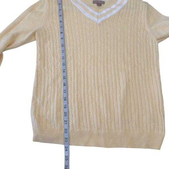 WHITE STAG Yellow Cable Knit Sweater Top With White Striped V-Neck Womens L - Picture 6 of 10